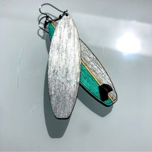 Surfboard Earrings | Lightweight wood | hand painted silver/aqua. Each unique